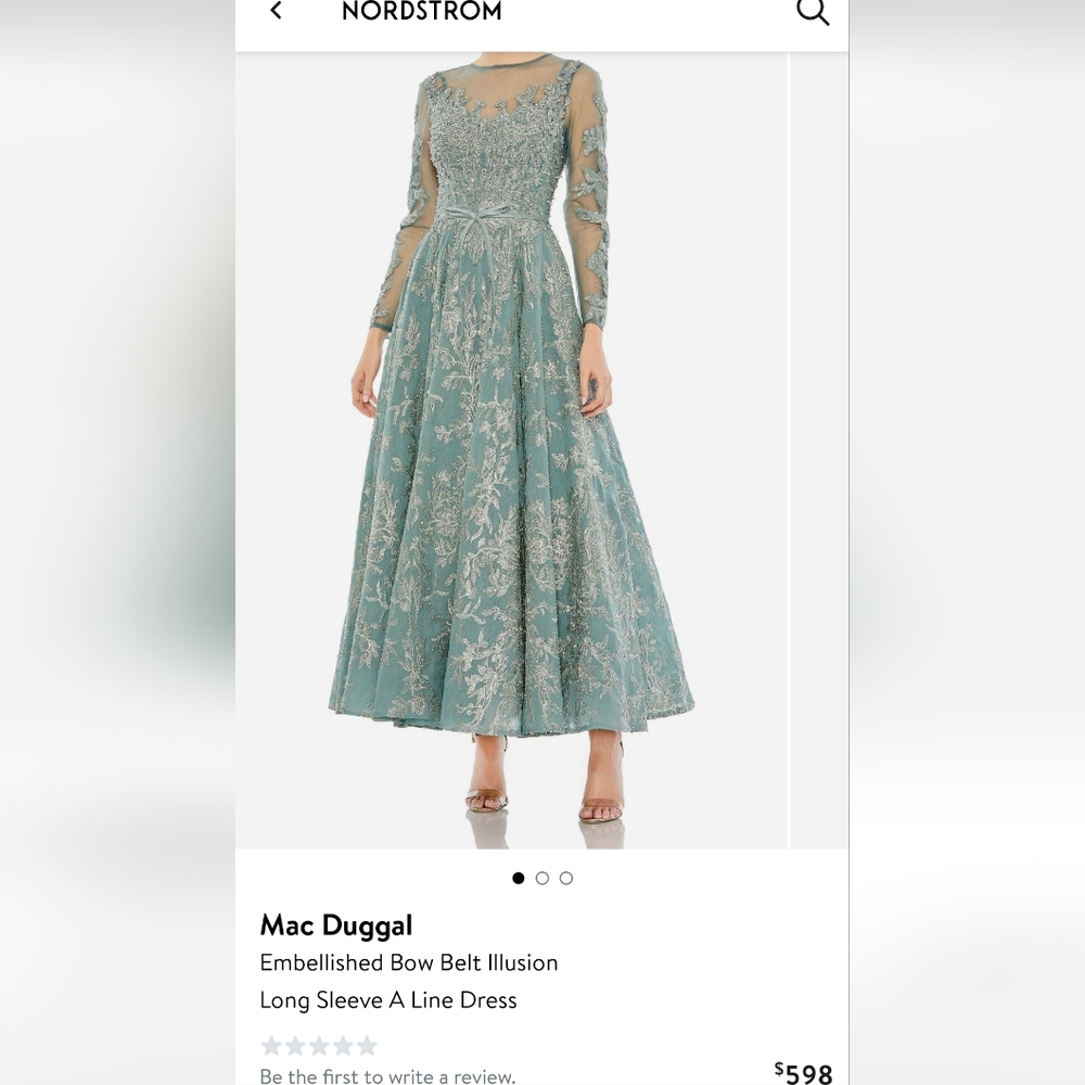 Mac Duggal Sage Green Embroidered Long Sleeve Dress